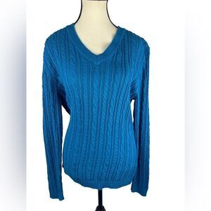 Croft & Barrow turquoise Blue Cotton V-Neck cable Knit Sweater Size: M